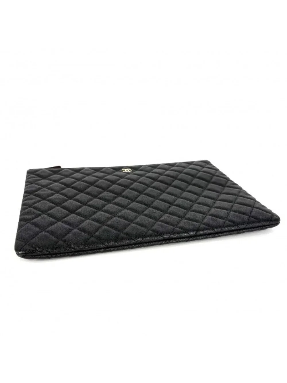 Chanel Clutch Quilted Second CC Logo Caviar Leather Black Gold